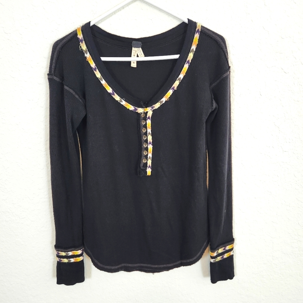 Free People | Long Sleeve Thermal Top with Multicolor Threading Black XS